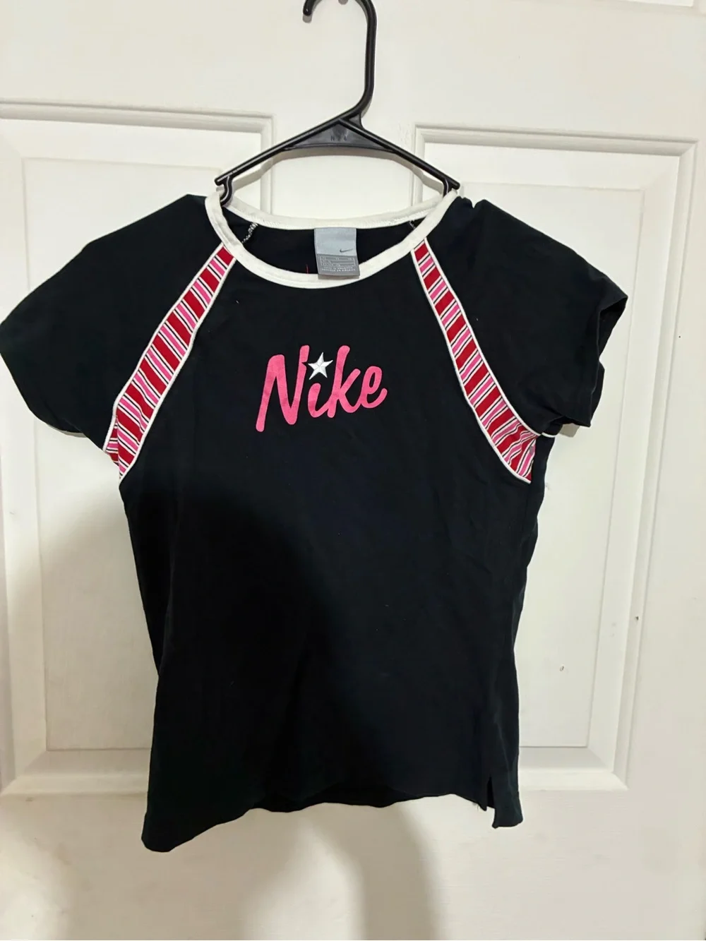 Nike Black Tee with Pink Logo and Striped Accents